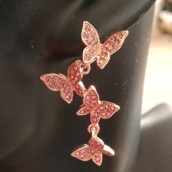 S 925. Pink Diamond Rhinestones Butterfly Earrings - Picture 2 of 4